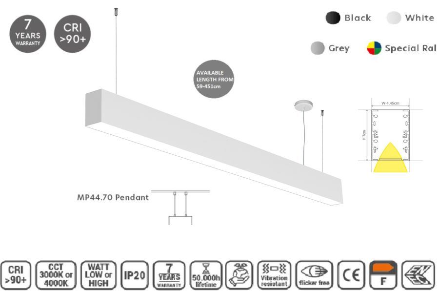 MP44.70P-059-S-3-O-OF-WH Linear Profile Lighting Pendant 44.5x70mm 59cm HOMELIGHTING 77-19734