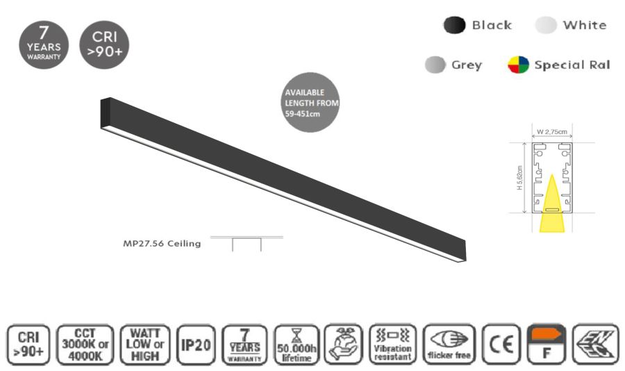 MP27.56C-255-S-3-O-OF-BL Linear Profile Lighting Ceiling 27.5x56mm 255cm HOMELIGHTING 77-16442