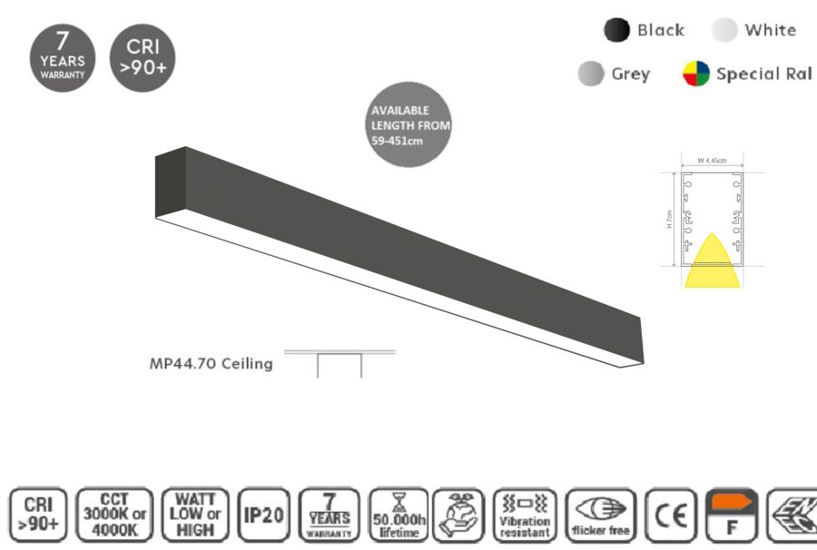 MP44.70C-087-H-3-O-OF-BL Linear Profile Lighting Ceiling 44.5x70mm 87cm HOMELIGHTING 77-12254