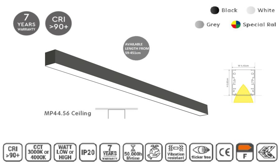 MP44.56C-451-H-3-O-OF-WH Linear Profile Lighting Ceiling 44.5x56mm 451cm HOMELIGHTING 77-14941