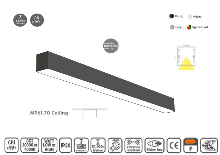 MP61.70C-087-S-3-O-OF-BL Linear Profile Lighting Ceiling 61.5x70mm 87cm HOMELIGHTING 77-9370