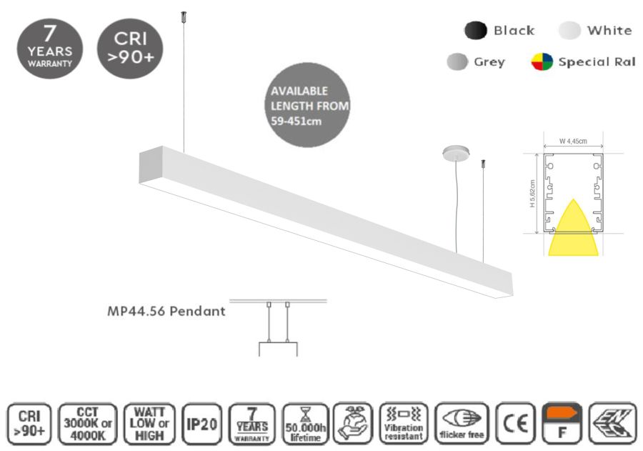 MP44.56P-227-S-3-O-OF-WH Linear Profile Lighting Ceiling 44.5x56mm 227cm HOMELIGHTING 77-21750