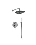 Orabella Terra Gun Metal Light - Shower set εντοιχισμού με Μπαταρία λουτρού, εντοιχισμού 2 σημείων, κεφαλή Φ250 με βραχίονα και τηλέφωνο ντουζ με σπιράλ και επιτοίχειο στήριγμα 10312