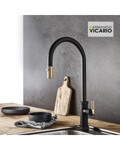 Μπαταρία Κουζίνας Black Matt-Gold Brushed με Συρόμενο Ντους Armando Vicario Urban 400702-400201