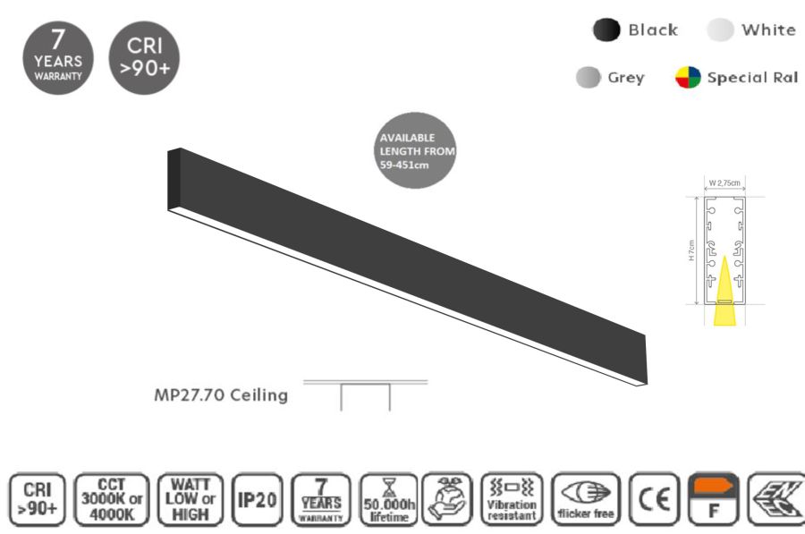 MP27.70C-227-H-3-O-OF-BL Linear Profile Lighting Ceiling 27.5x70mm 227cm HOMELIGHTING 77-15422