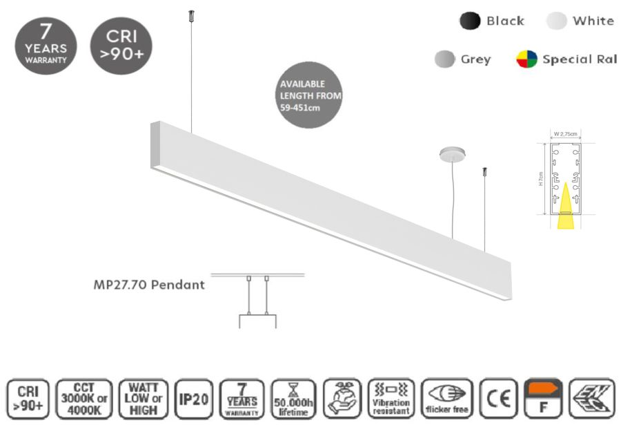 MP27.70P-395-H-3-O-OF-WH Linear Profile Lighting Ceiling 27.5x70mm 395cm HOMELIGHTING 77-23383